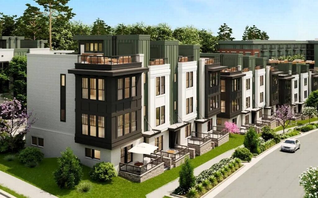 South Creek’s 100 townhomes (pictured) and 606 condos are expected to cost $300,000 to roughly $1 million. The neighborhood will also offer a range of amenities, from outdoor spaces, a pool, and work spaces, and podcasting studios to shops and restaurants. Beechwood Carolinas Contributed