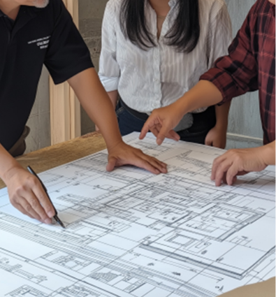 An image of a couple being shown floor plans for a home.